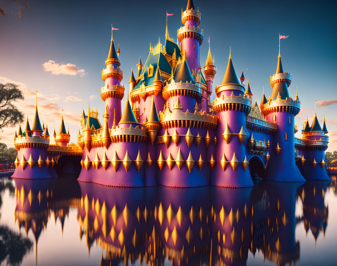 Vibrant fairytale castle with spires reflected in water at sunset