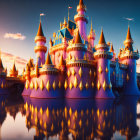 Vibrant fairytale castle with spires reflected in water at sunset