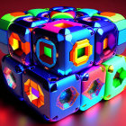 Vibrant 3D-rendered puzzle cube with geometric design on red background