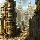 Golden steampunk cityscape with intricate machinery and towering architecture in cloudy sky