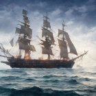 Sailing tall ships on misty ocean with full sails