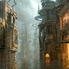 Dilapidated futuristic cityscape with waterway, towering buildings, and pipes in golden sunlight