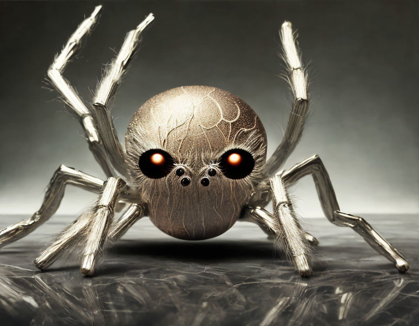 Digital Artwork of Spider with Human-like Eyes and Metallic Body