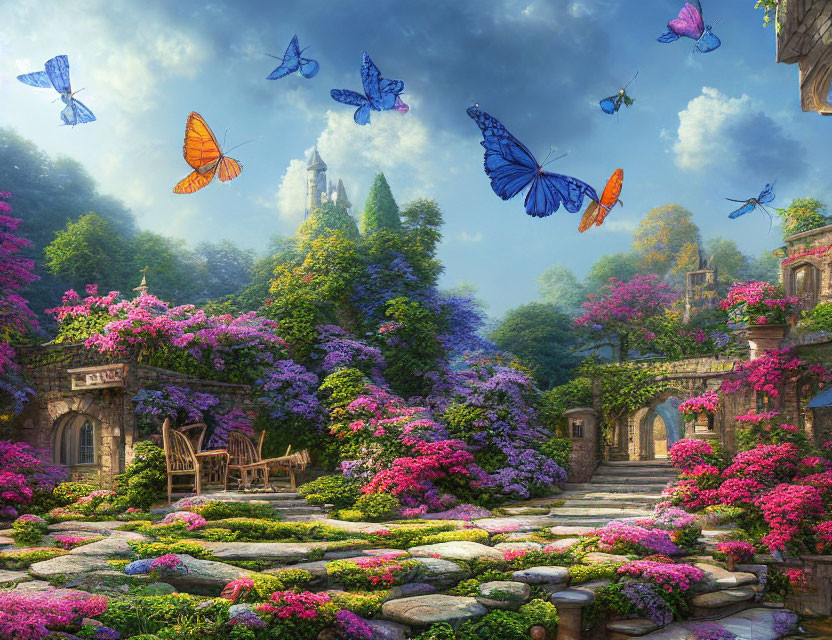 Lush Garden with Flowers, Butterflies, Stone Pathway, Cottage, and Castle