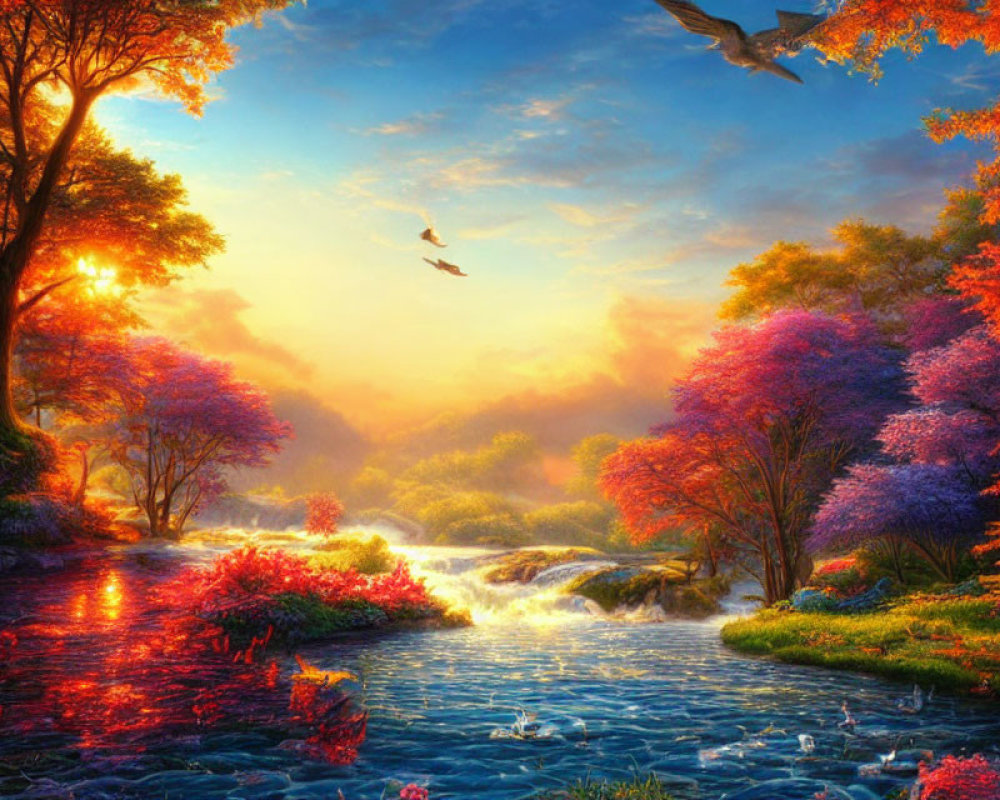 Colorful Autumn Landscape with River, Birds, and Sunset Glow