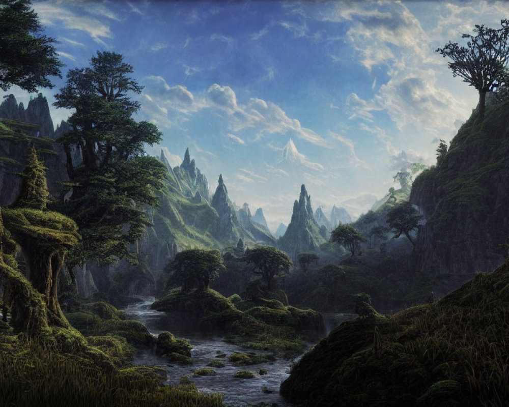 Tranquil fantasy landscape with rocky peaks, lush greenery, ancient trees, and meandering river