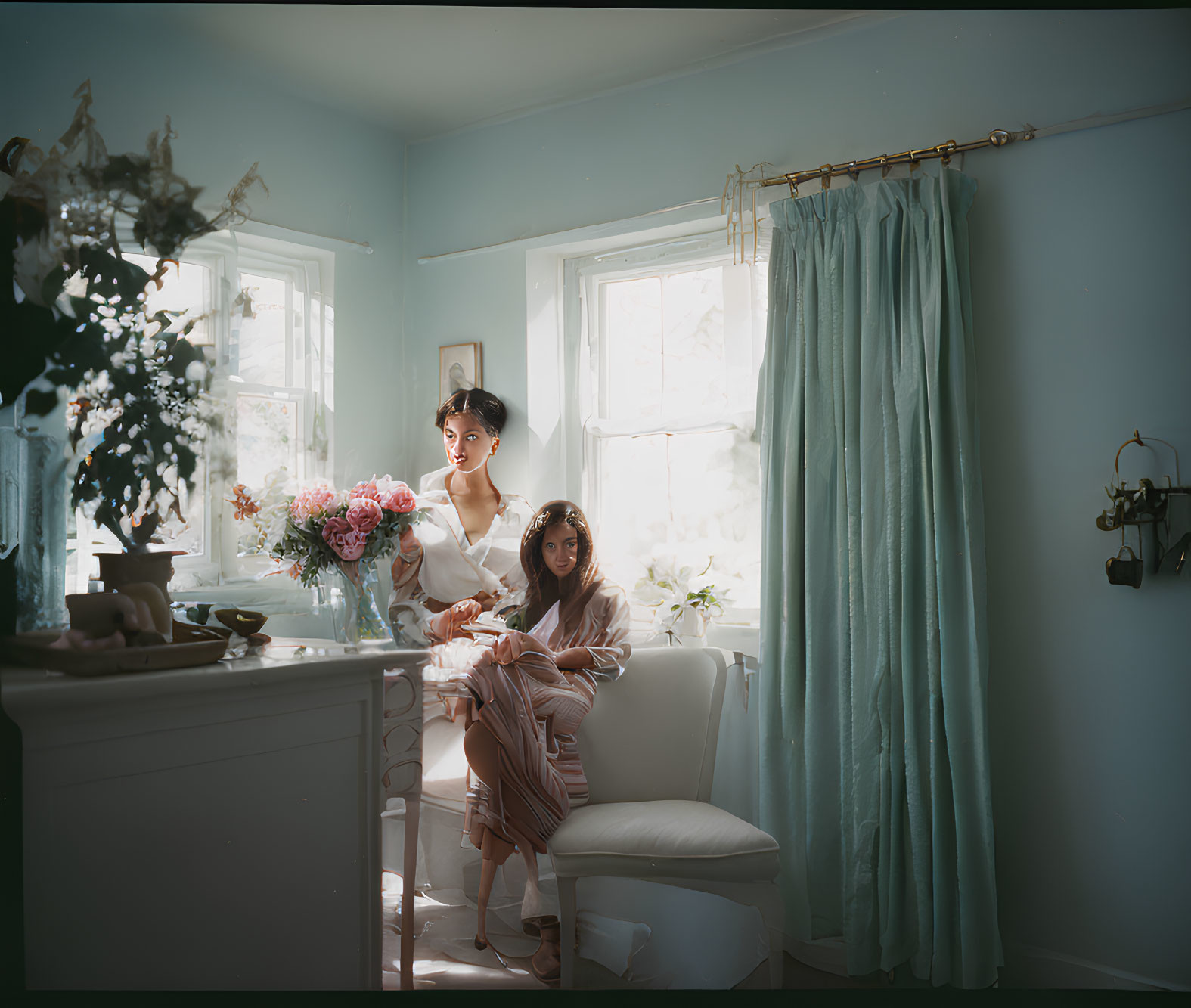 Two women in vintage blue room, one by flowers, other seated in sunlight