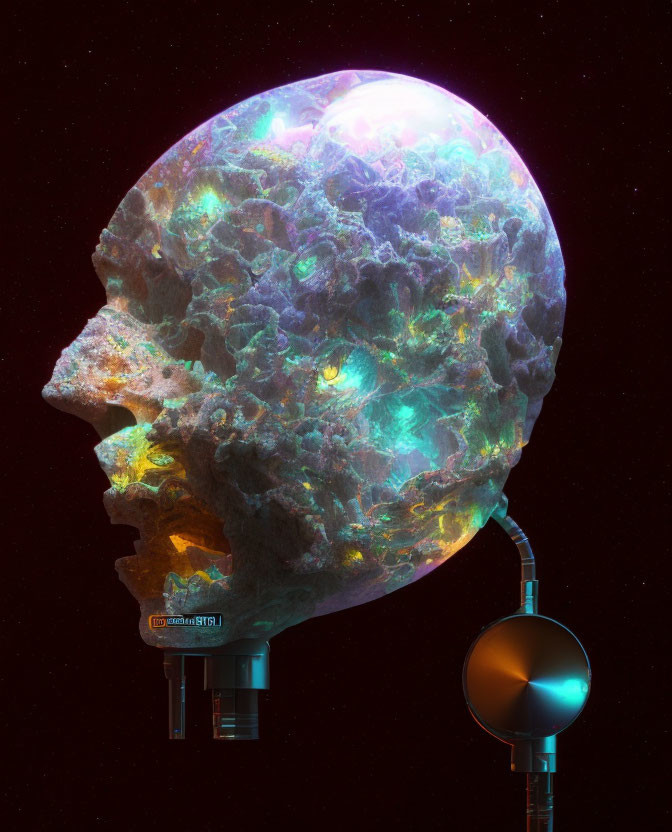 Cosmic-themed human head with microphone overlay and vibrant nebula-like texture