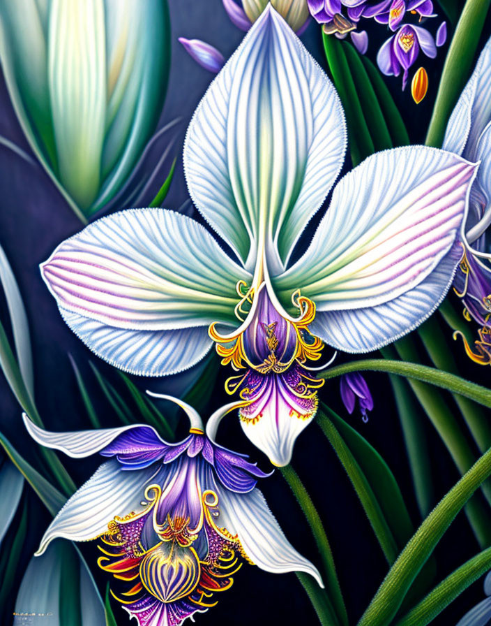 Detailed illustration of white and blue striped flowers with golden and purple accents on a dark backdrop