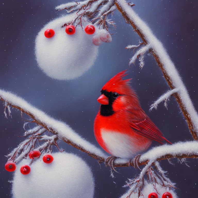 Vivid red cardinal on frosty branch with red berries and snowflakes