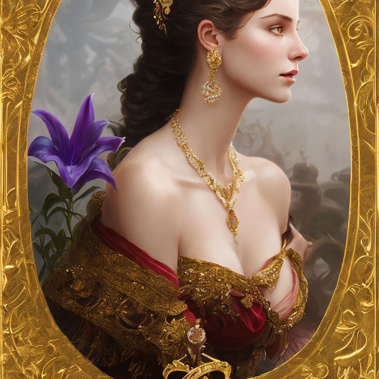 Elegant woman portrait with dark hair, gold jewelry, red dress in ornate golden frame