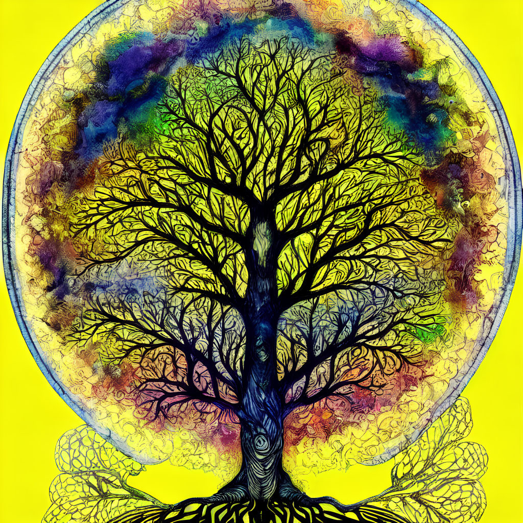 Colorful Tree Illustration on Psychedelic Background