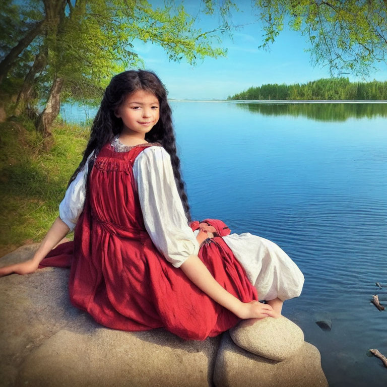 Young girl in red and white dress by tranquil lake and lush greenery