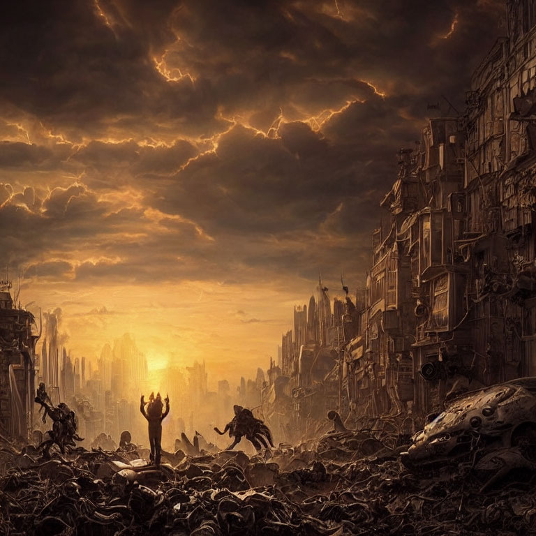Dystopian landscape with ruins, armed figures, and dramatic sky