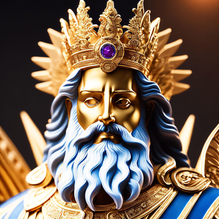 Regal Figure in Golden Crown and Blue Beard with Armor and Gem