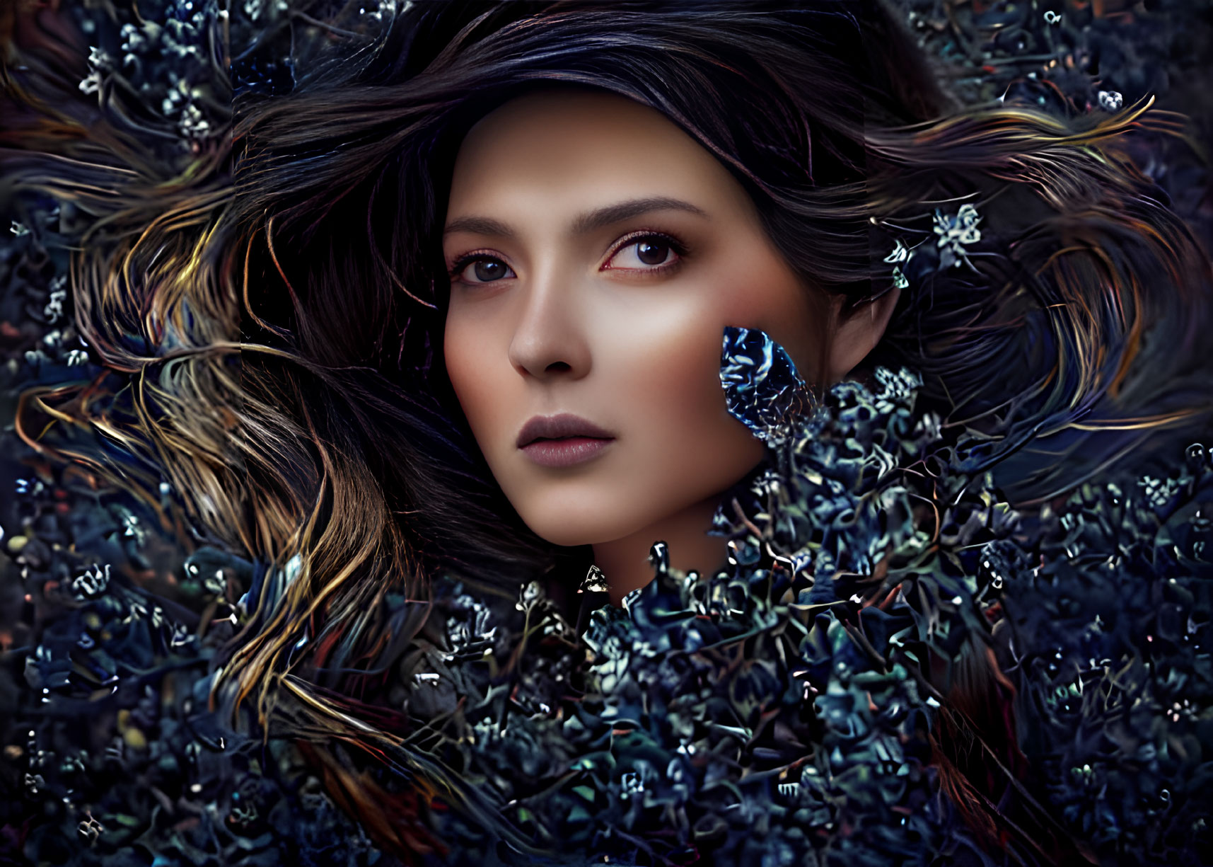 Woman surrounded by mystical flowers and butterfly, hair intertwined.