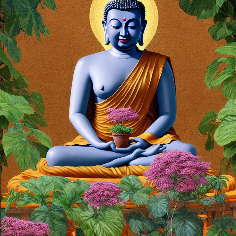 Blue Buddha statue meditating with potted plant in serene setting