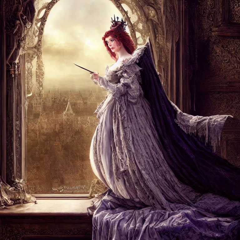 Woman in flowing purple dress with crown and wand by ornate window overlooking fantasy landscape