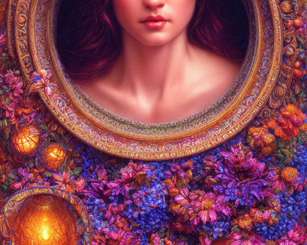 Striking-eyed woman in ornate circular frame with vibrant flowers & lanterns