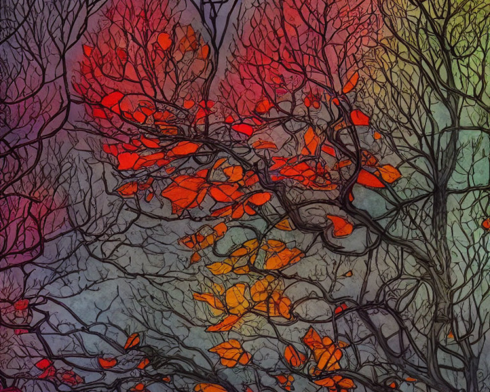 Interwoven Tree Branches in Stained Glass Style with Dark to Fiery Gradient