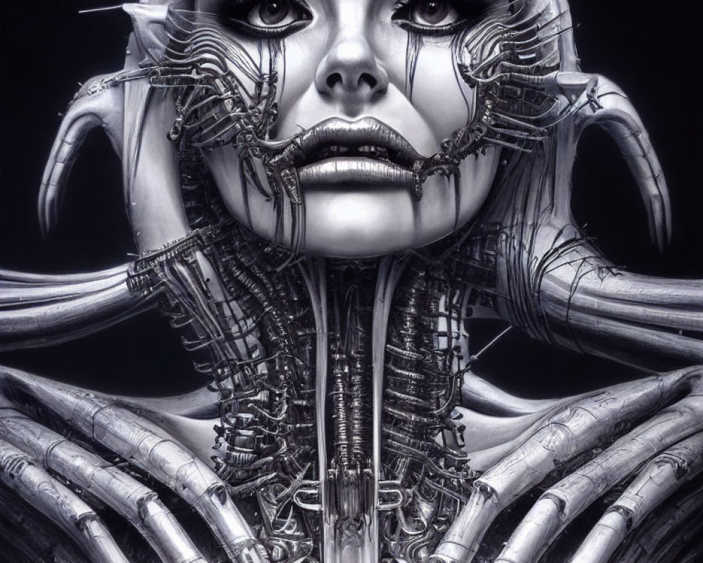 Monochromatic futuristic robotic humanoid face with intricate mechanical details