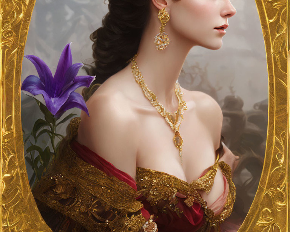 Elegant woman portrait with dark hair, gold jewelry, red dress in ornate golden frame