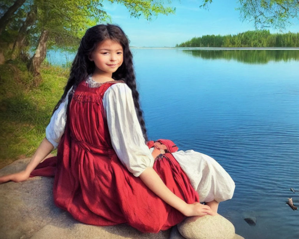 Young girl in red and white dress by tranquil lake and lush greenery