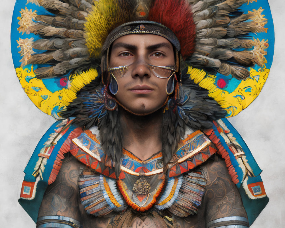 Indigenous person in feathered headdress and body art on circular backdrop