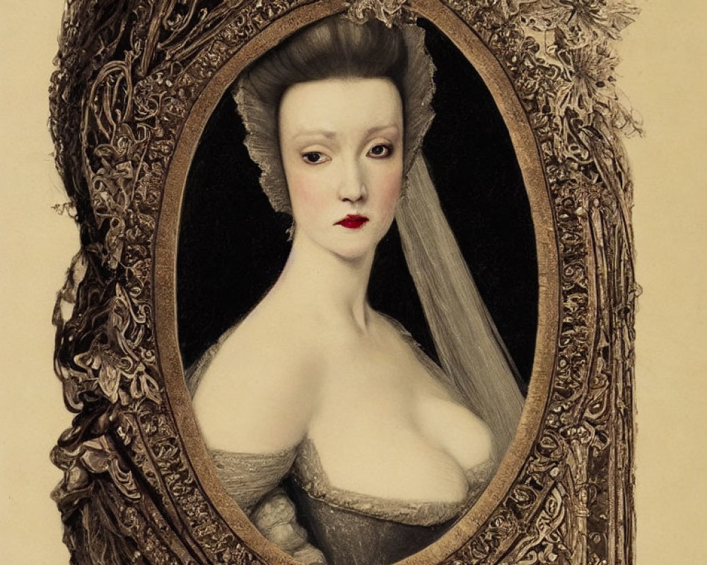 Vintage portrait of a woman with pale skin, red lips, and elaborate hairstyle in ornate oval frame