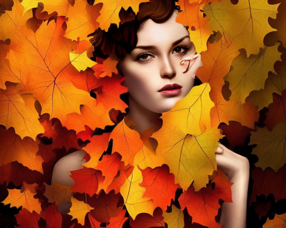 Autumn leaves collage featuring woman's face