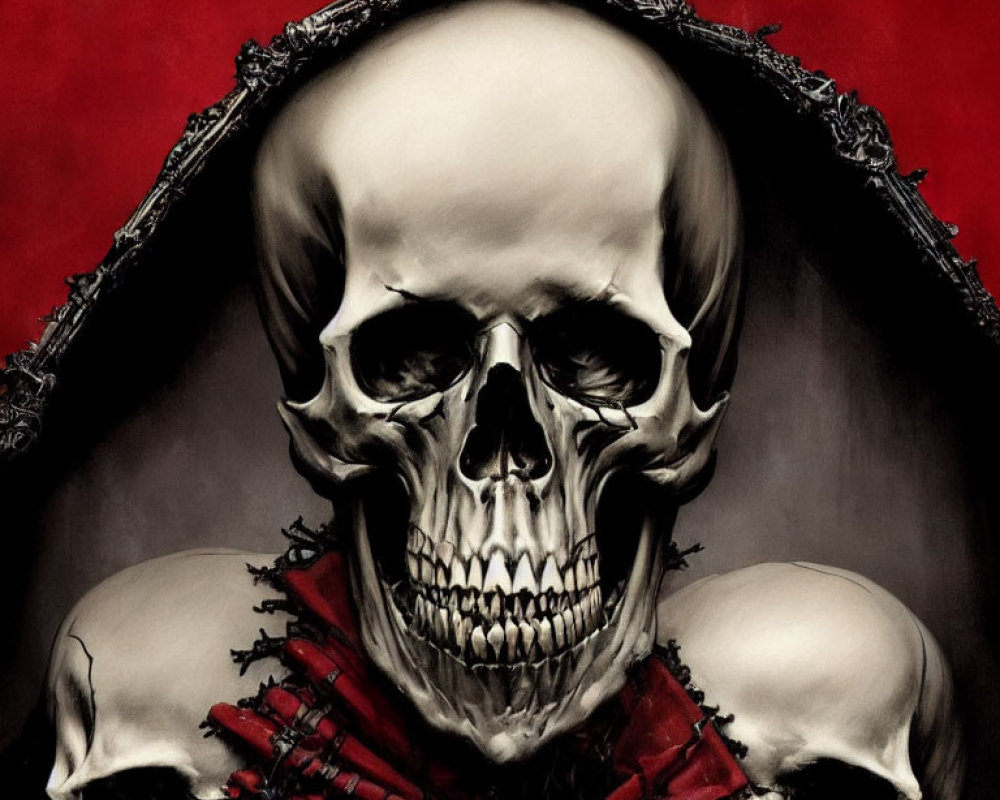 Gothic-themed skull illustration with red fabric on red background