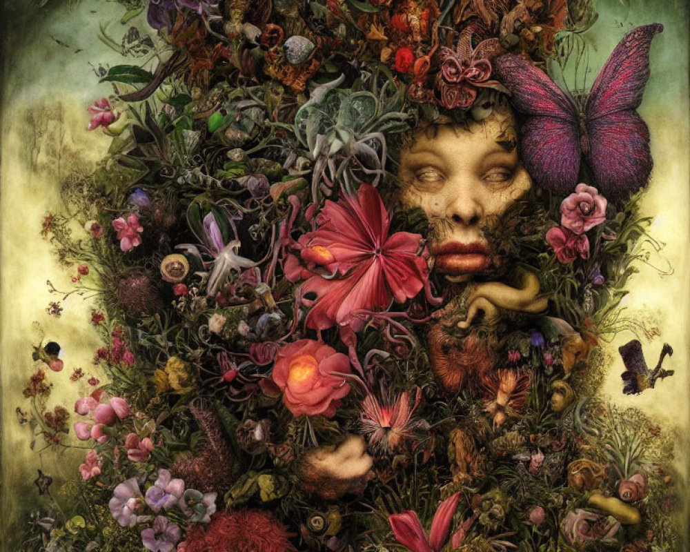 Surreal Artwork: Faces Blended in Floral Tapestry & Butterfly