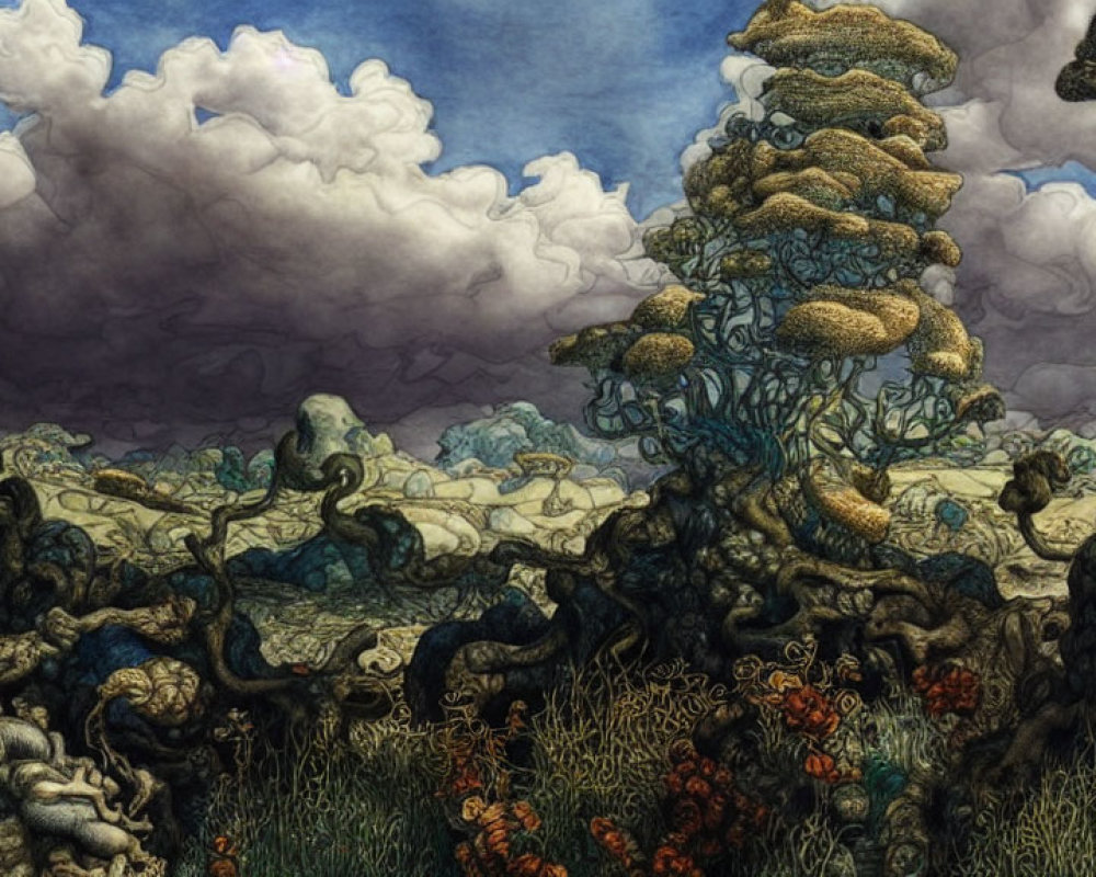 Fantastical landscape with towering mushroom-topped trees under a partly cloudy sky