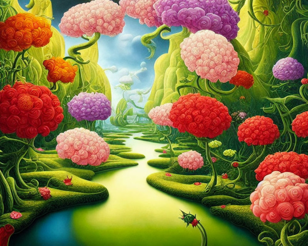 Colorful brain-shaped flowers in surreal landscape