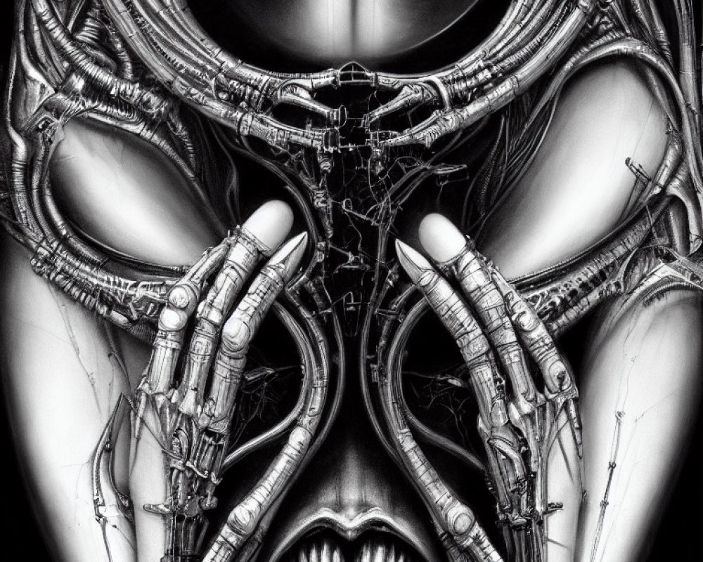 Monochrome humanoid robotic face with intricate details and hands covering eyes.