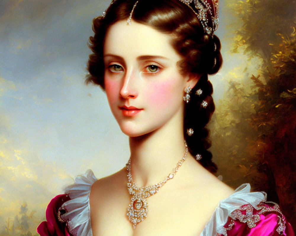 Woman in Blue and Pink Gown with Elegant Jewelry and Tiara
