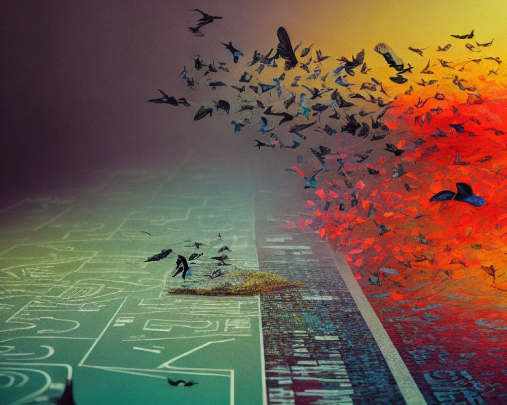 Digital art: Birds transitioning from monochrome to vibrant colors in cityscape.
