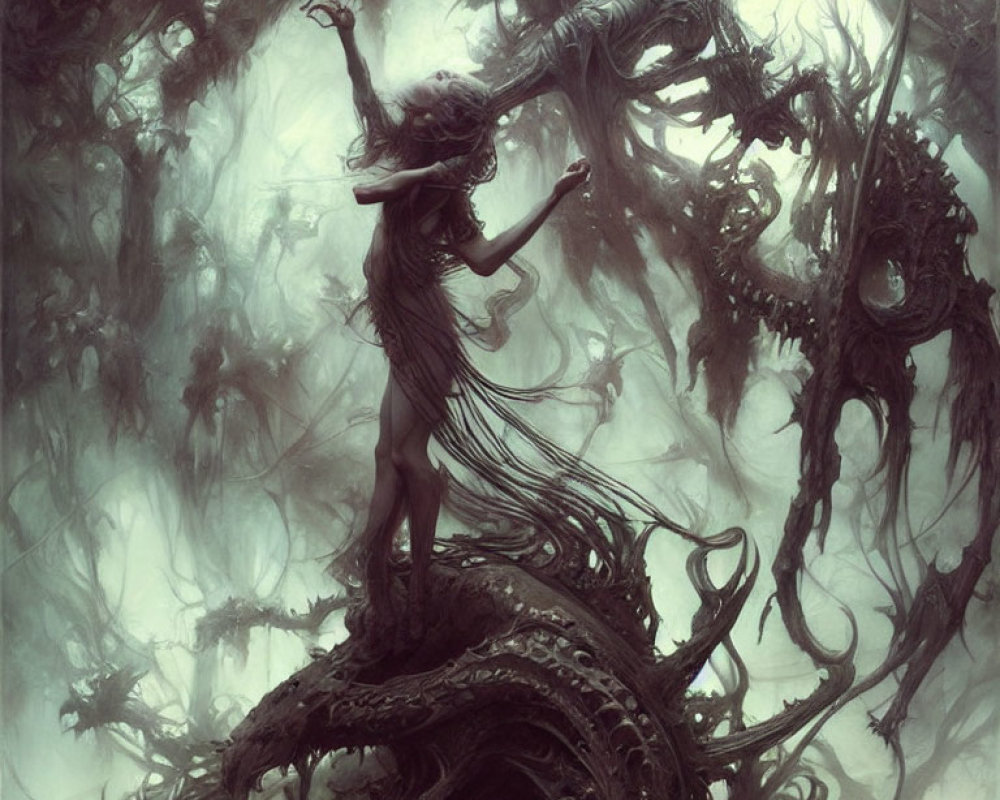 Ethereal figure confronts skeletal dragon in dark fantasy scene