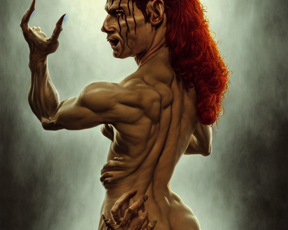 Muscular creature with red hair, horns, and dark stripes in dramatic pose