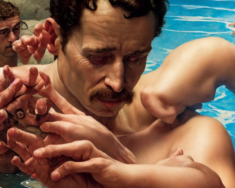 Hyperrealistic Painting of Shirtless Man with Mustache Examining Object by Water