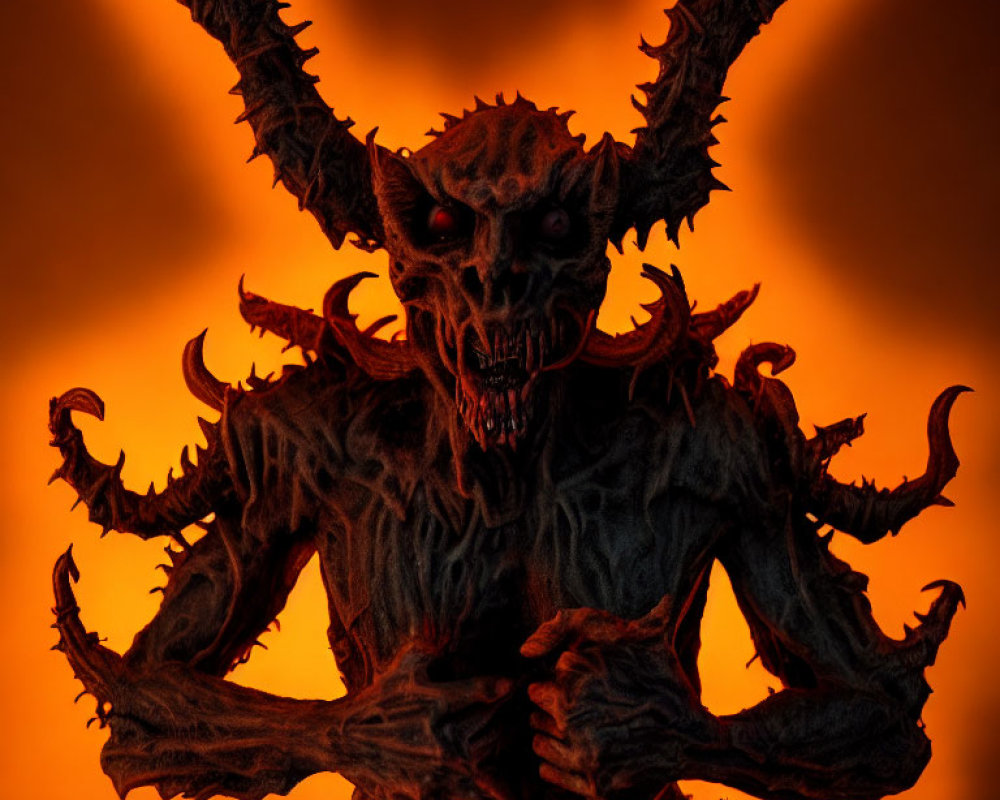 Sinister creature with horns and claws on fiery orange backdrop