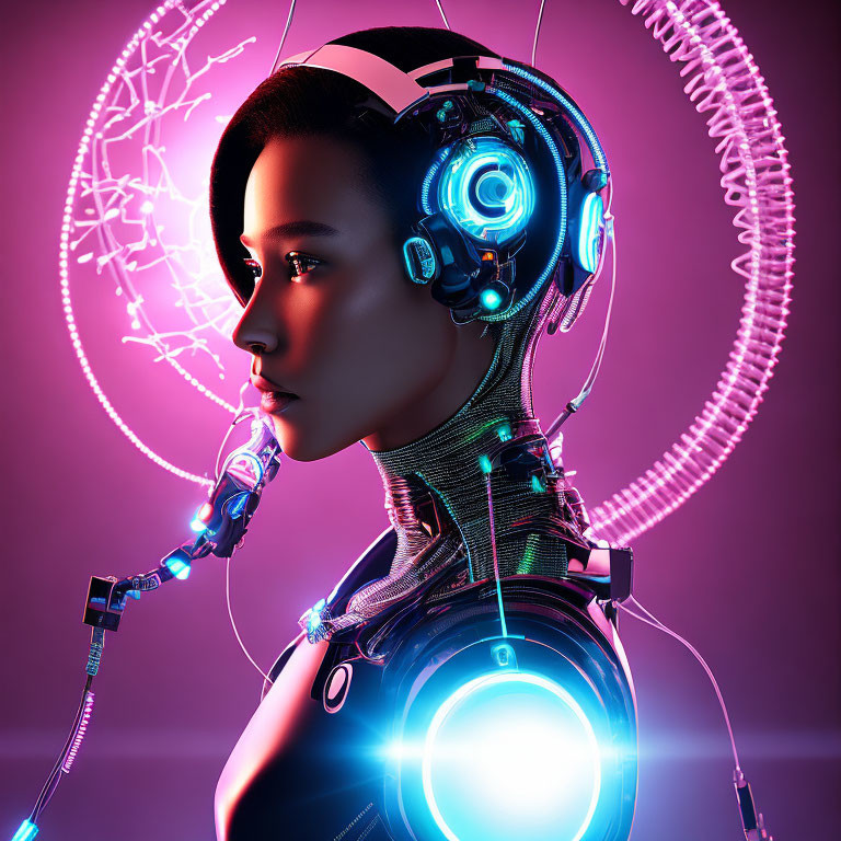 Futuristic female android with cybernetic elements and complex headset in neon-lit scene