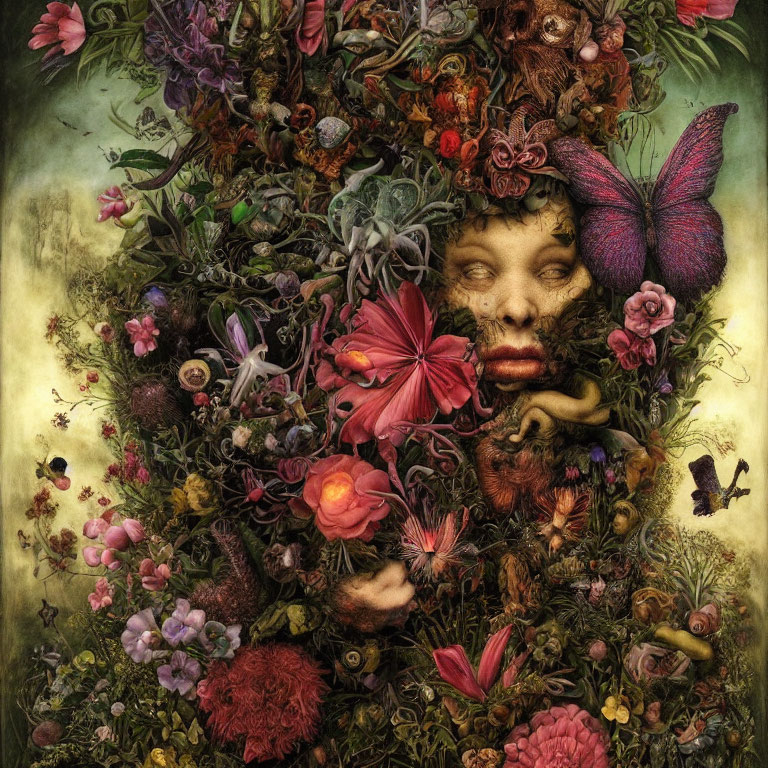 Surreal Artwork: Faces Blended in Floral Tapestry & Butterfly