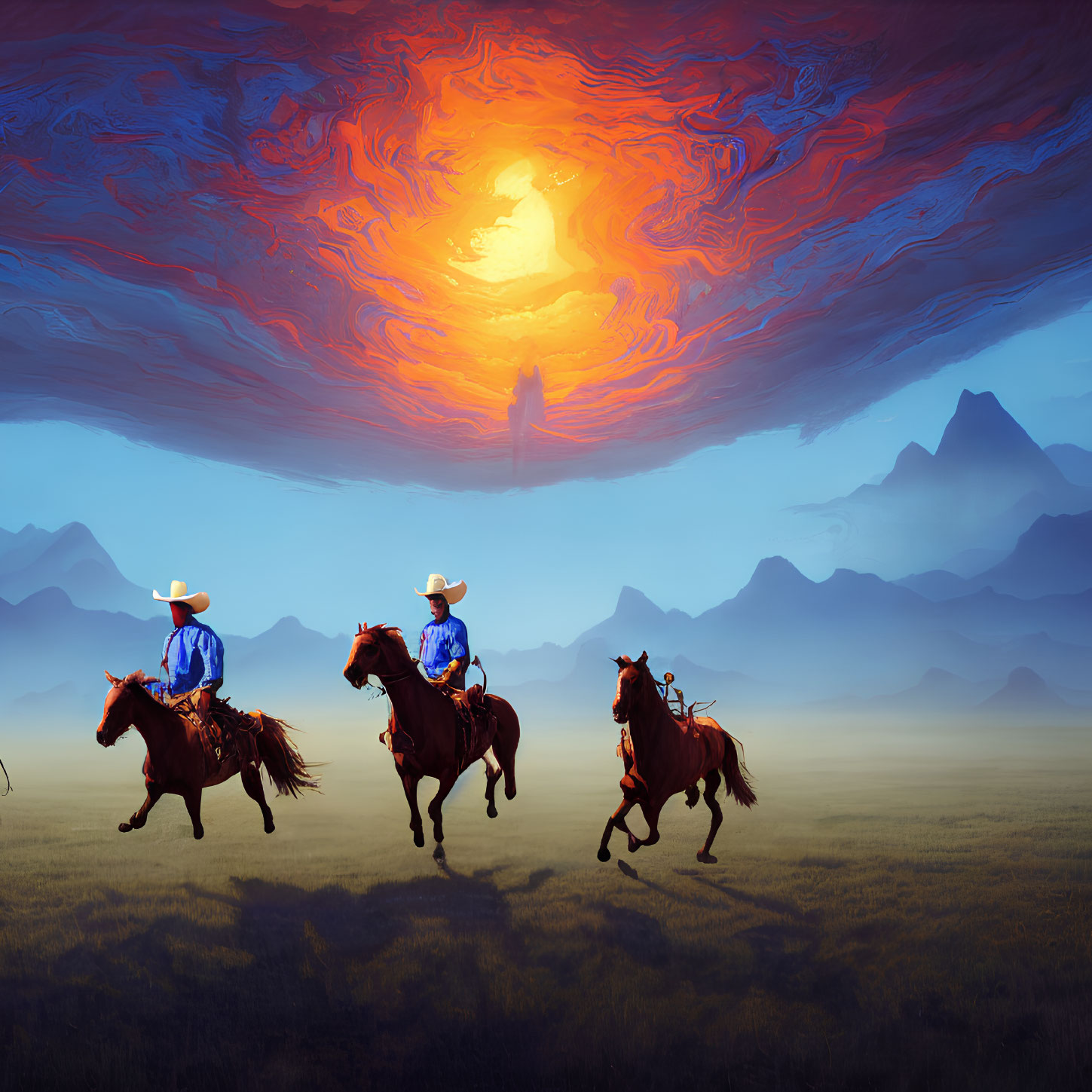 Cowboys riding horses under surreal red and orange sky