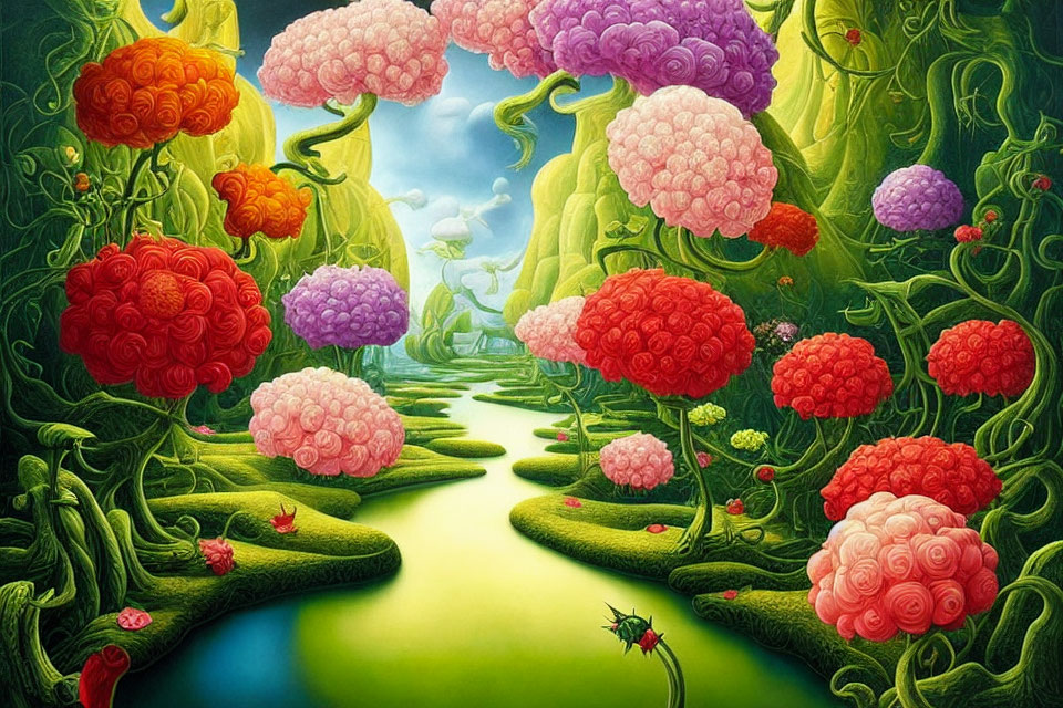 Colorful brain-shaped flowers in surreal landscape