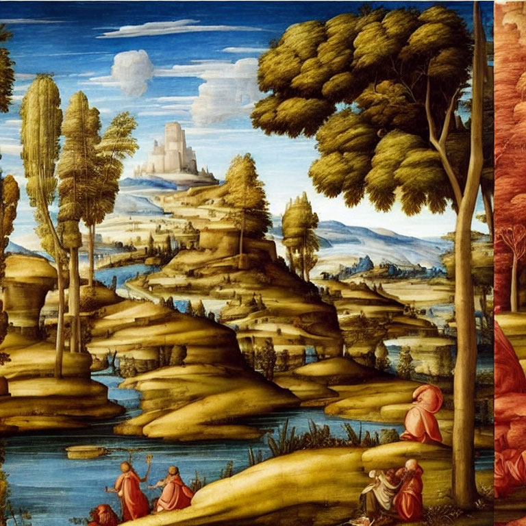 Renaissance painting: Idyllic landscape with figures in red cloaks