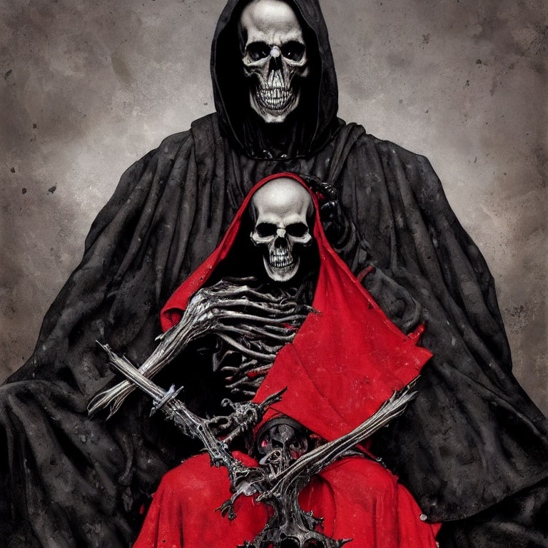 Sinister figure in dark cloak and red hood with skeletal face and hands
