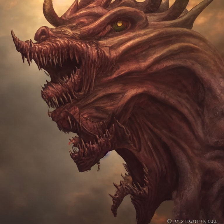 Detailed illustration of fierce dragon with sharp horns, fangs, and glaring yellow eye