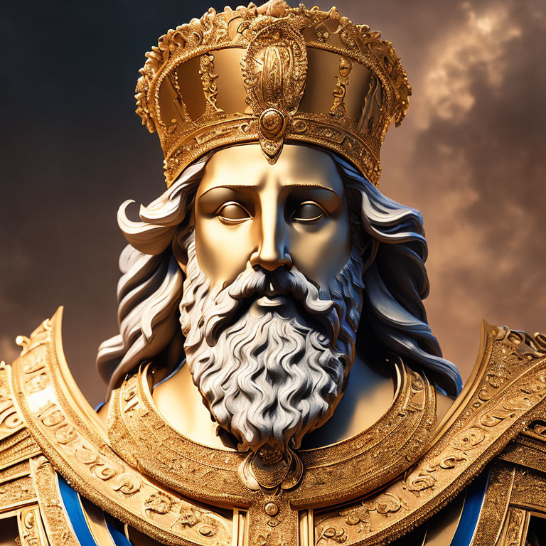 Majestic bearded king in golden crown and ornate armor on clouded sky backdrop