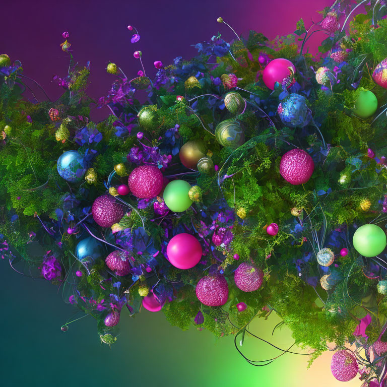 Colorful Christmas Baubles Among Green Foliage on Purple Gradient Background